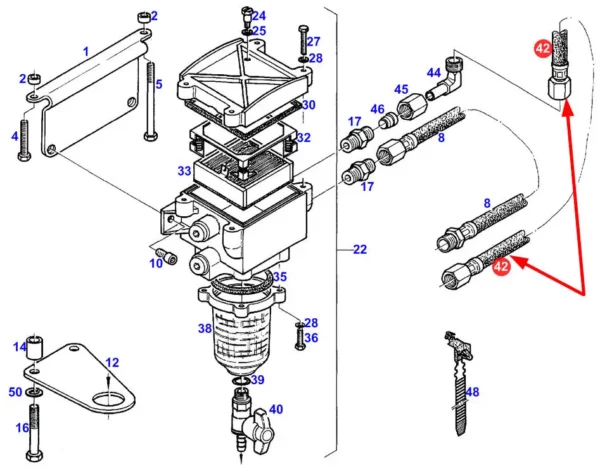 Oryginalny przewód filtru paliwa o numerze katalogowym H916201061320, stosowany w ciągnikach marki Fendt schemat.