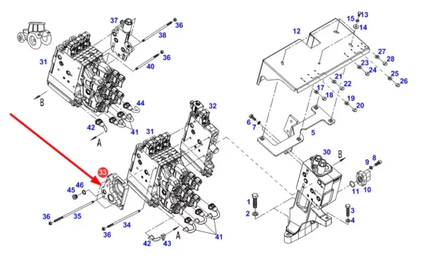 Oryginalna płyta boczna bloku przyłączy hydraulicznych o numerze katalogowym H931962020100, stosowana w ciągnikach rolniczych marek Challenger i Fendt schemat