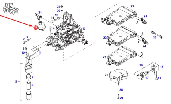 Oryginalny akumulator hydrauliczny o numerze katalogowym H931962025040, stosowany w ciągnikach rolniczych marki Fendt. schemat