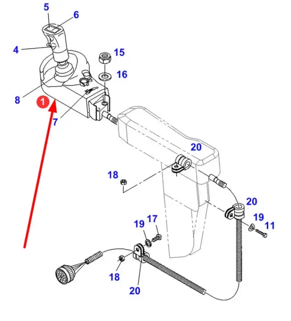 Oryginalny joystick sterowania o numerze katalogowym J916970160048, stosowany w maszynach rolniczych marki Fendt- schemat.