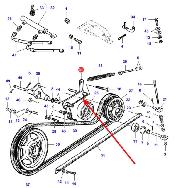 Oryginalne ramię napinacza o numerze katalogowym LA322229050, stosowane w kombajnach zbozowych marki Fendt oraz Massey Ferguson schemat.