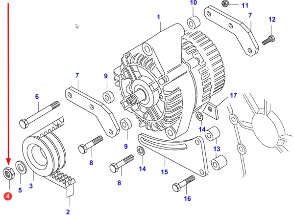 Oryginalna nakrętka, mocowania koła pasowego alternatora, stosowana w pojazdach rolniczych marki: Chellenger, Fendt, Laverda, Massey Ferguson oraz Valtra schemat.