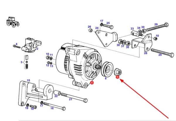 Oryginalna nakrętka alternatora o wymiarach M16 x 1,5 mm i numerze katalgowym X435504300000, stosowana w ciągnikach rolniczych i kombajnach zbożowych marki Fendt schemat