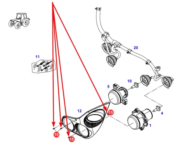 Oryginalny wkręt mocowania obudowy reflektorów o wymiarach 3 x 12 mm i numerze katalogowym X473511000000, stosowany w ciągnikach rolniczych marki Fendt schemat.