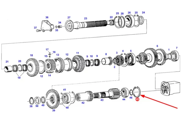 Oryginalny pierścień segera wewnętrzny przedniego układu napędowego o wymiarach 62 x 2, stosowany w ciągnikach Challenger, Massey Ferguson, Valtra, Fendt schemat.