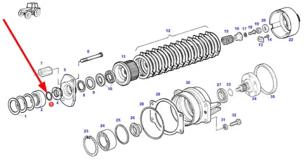 Oryginalny pierścień osadczy DIN 7993 o rozmiarze A35 i numerze katalogowym X533211200000, stosowany w ciągnikach marki Fendt schemat.