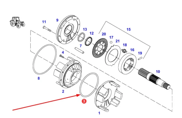 Oryginalny pierścień,oring układu hamulcowego o wymiarach 267 x 3 mm i numerze katalogowym 549041100000, stosowany w ciągnikach rolniczych marki Fendt,Massey Ferguson, Challenger, Valtra schemat.