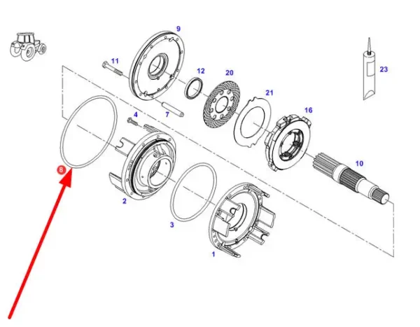 Oryginalny uszczelniacz obudowy hamulca o wymiarach 330 x 3 mm, numer katalogowy X549044400000, o zastosowaniu w ciągnikach marki Challenger, Vlatra, Massey Ferguson oraz Fendt schemat