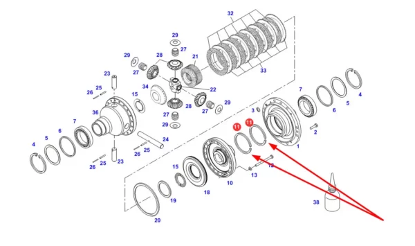 Oryginalny pierścień zabezpieczający o wymiarach 120 x 5 mm i numerze katalogowym X560714300000, stosowany w ciągnikach rolniczych marek Fendt, Massey Ferguson i Challenger. schemat