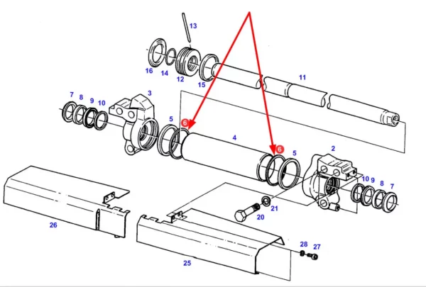 Oryginalny pierścień cylindra kierowniczego o numerze katalogowym X566311500000, stosowany w ciągnikach rolniczych marki Fendt schemat.