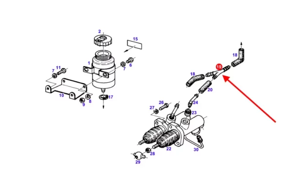 Oryginalny trójnik plastikowy zasilania pomp hamulcowych, stosowany w ciągnikach rolniczych marki Fendt. schemat