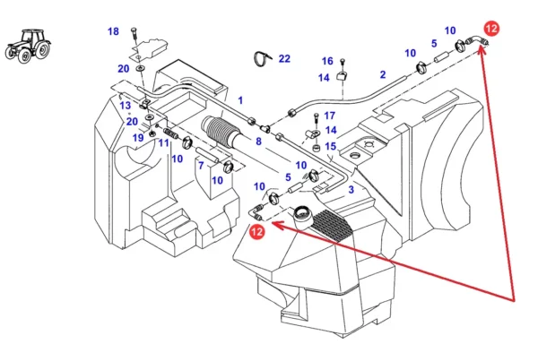 Oryginalne kolanko przewodu paliwowego o numerze katalogowym X590397500000, stosowane w ciągnikach rolniczych marki Fendt. schemat