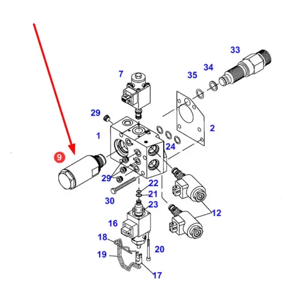 Oryginalny zawór bloku hydrauliki sprzęgła o numerze katalgowym G716100600111, stosowany w ciągnikach rolniczych marki Fendt schemat.