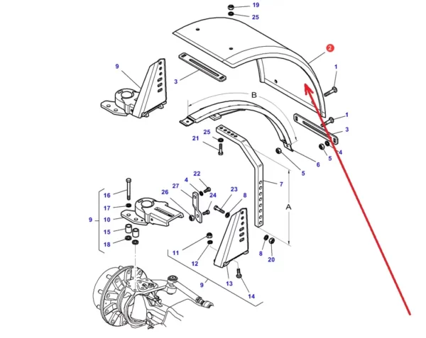 Błotnik przedni z tworzywa sztucznego o wymiarach 420 x 1315 mm i numerze katalogowym 220106042130, stosowany w ciągnikach rolniczych marek Massey Ferguson i Challenger. schemat