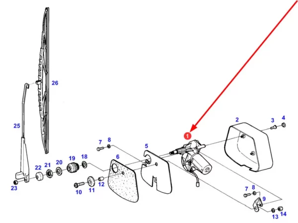 Silnik wycieraczki przedniej szyby o numerze katalogowym 65406082, stosowany w ciągnikach rolniczych marki Fendt schemat.