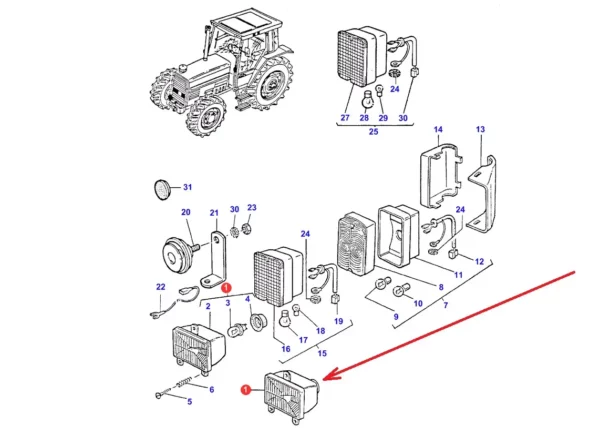 Lewa lampa maski przednia o numerze katalogowym 181-7, stosowana w ciągnikach rolniczych marki Massey Ferguson. schemat