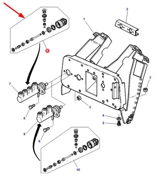 Zestaw naprawczy pompki hamulcowej, stosowany jako zamiennik w ciągnikach rolniczych marki Massey Ferguson. schemat