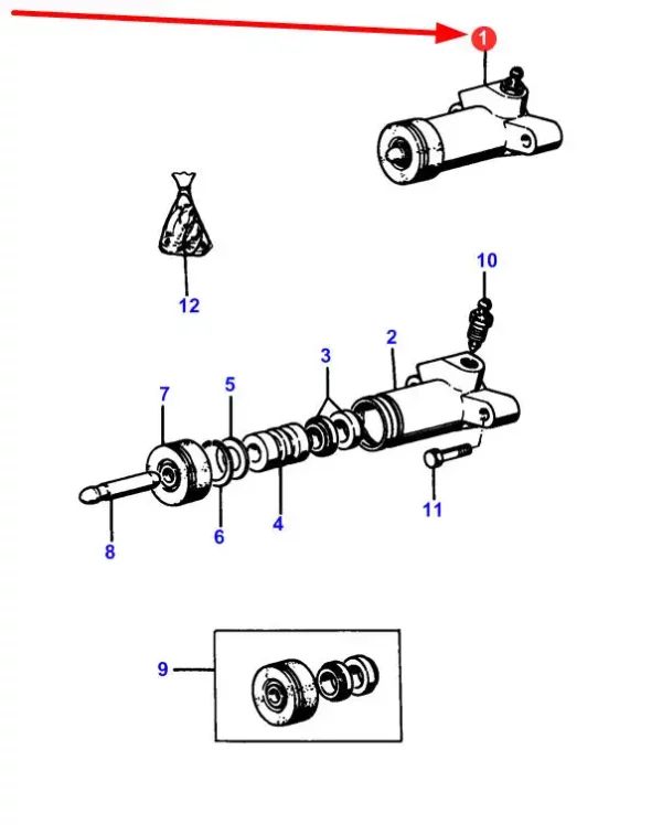 Pompka hamulcowa o numerze katalogowym 413-22, stosowana w ciągnikach rolniczych marki Massey Ferguson schemat.