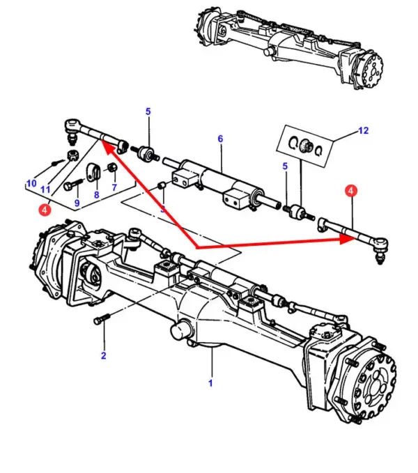 Oryginalna końcówka drążka układu kierowniczego długości D200mm, stosowana w ciągnikach marki Massey Ferguson schemat.