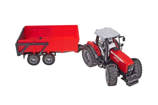 Wykonany w skali 1:16 z wysokojakościowego tworzywa sztucznego model ciągnika rolniczego Massey Ferguson 7480 wraz z przyczepą marki Bruder o numerze katalogowym U02045. Model o wymiarach traktor: 29