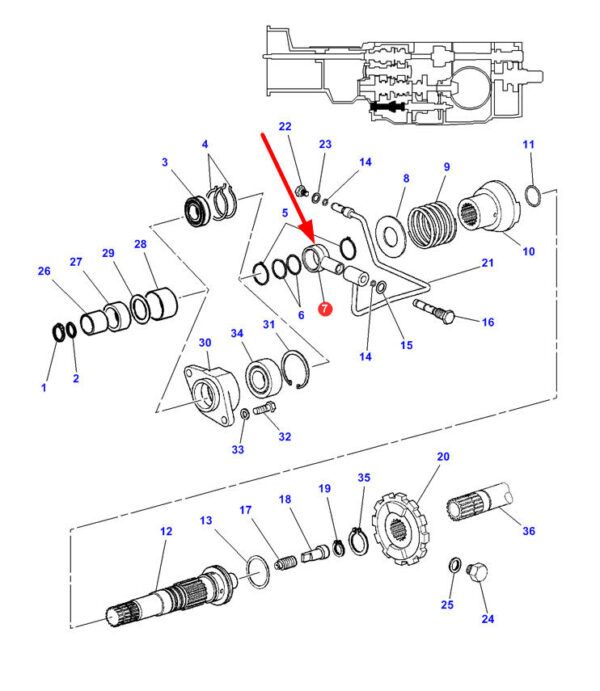Oryginaly łącznik wałka skrzyni biegów o numerze katalogowym 0.009.3684.0, stosowany w ciągnikach rolniczych marki Massey Ferguson schemat.