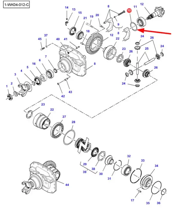 Oryginalna podkładka dystansowa mechanizmu różnicowego o grubości 0,15 mm i numerze katalogowym 000245895, stosowana w ciągnikach rolniczych marek Challenger oraz Massey Ferguson schemat.