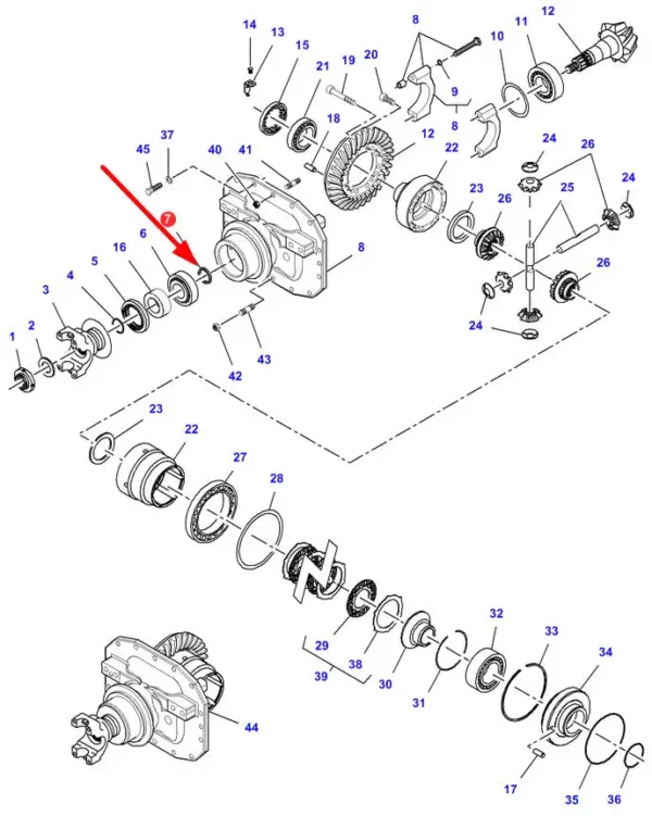 Oryginalna podkładka dystansowa przedniego dyferencjału o numerze katalogowym 000245896, stosowana w ciągnikach marki Massey Ferguson schemat.