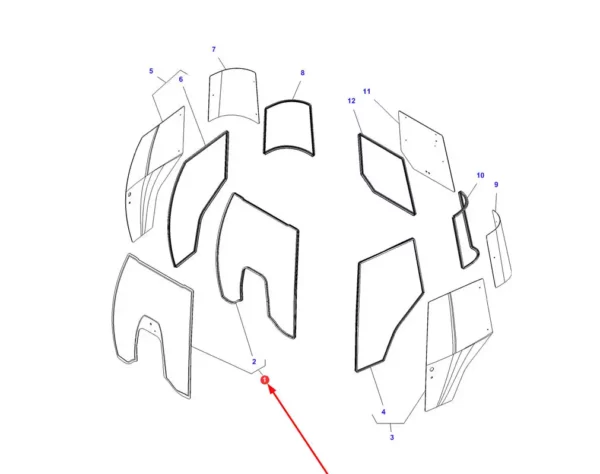 Oryginalna szyba przednia z uszczelką o numerze katalogowym 0043014100000, stosowana w ciągnikach rolniczych marek Massey Ferguson i Challenger.-schemat