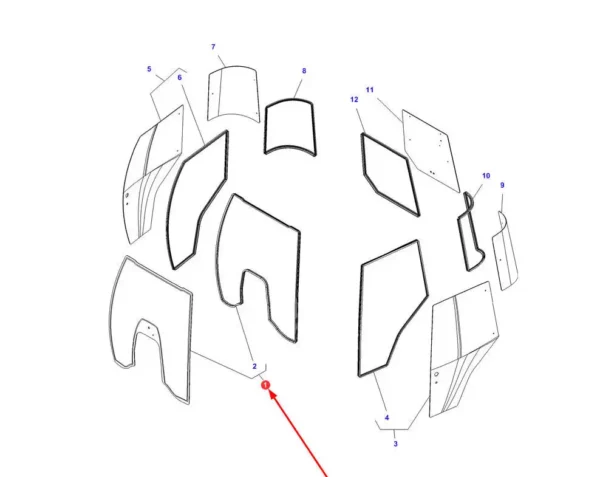 Oryginalna szyba przednia z uszczelką o numerze katalogowym 0043014200000, stosowana w ciągnikach rolniczych marek Massey Ferguson oraz Challanger schemat.
