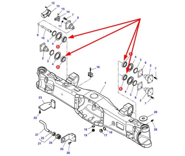 Oryginalne łożysko zawieszenia przedniego mostu o numerze katalogowym 005103691, stosowane w ciągnikach rolniczych marek Massey Ferguson i Valtra schemat