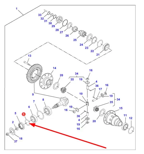 Oryginalna podkładka dystansowa wałka ataku o grubości 0,15 mm, numerze katalogowym 013014307, o zastosowaniu w ciągnikach marki Massey Ferguson schemat