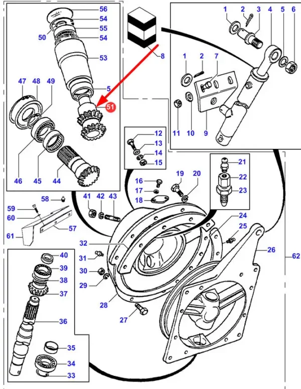 Oryginalny wałek zębaty, montowany w napędzie rury wyładowczej, w kombajnach zbożowych marki Massey Ferguson schemat.