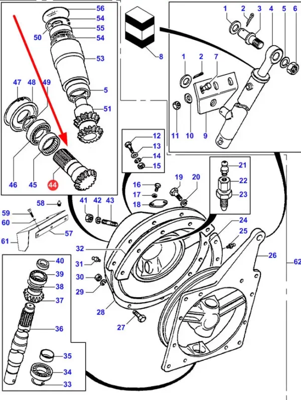 Oryginalny wałek zębaty, montowany w napędzie rury wyładowczej, w kombajnach zbożowych marki Massey Ferguson schemat.