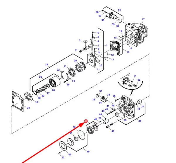 Oryginalny zestaw naprawczy pompy hydraulicznej o numerze katalogowym 1081688M91, stosowany w kombajnach zbożowych marek Massey Ferguson, Challenger i Fendt. schemat