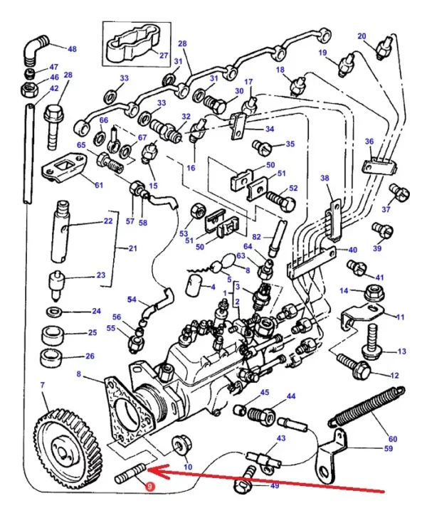 Oryginalna śruba dwustronna pompy paliwa o numerze katalogowym 1476286M1, stosowana w ciągnikach rolniczych marki Massey Ferguson. schemat