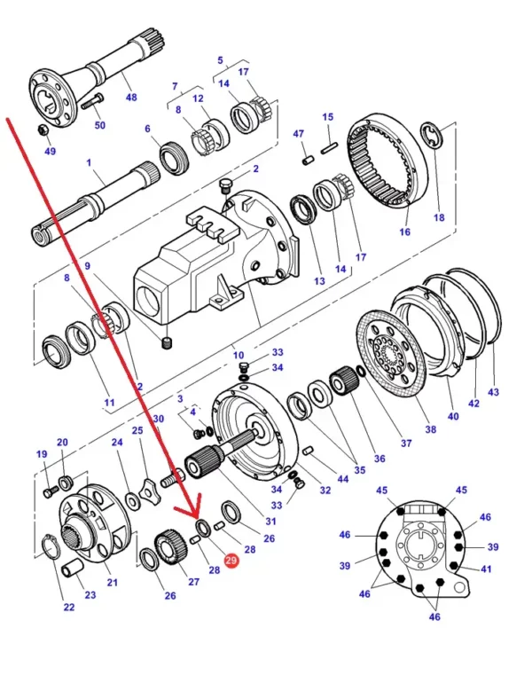 Oryginalna podkładka koła zębatego kosza satelitów o wymiarach 66,7 x 79 x 6 mm i numerze katalogowym 1626976M2, stosowana w ciągnikach rolniczych marek Massey Ferguson, Challenger schemat.