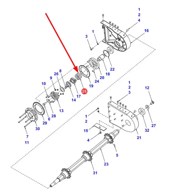 Oryginalna sprężyna wału przegubowego podajnika pochyłego o numerze katalogowym 1659650W1, stosowana w maszynach rolniczych marek Challenger, Fendt. Valtra oraz Massey Ferguson schemat.