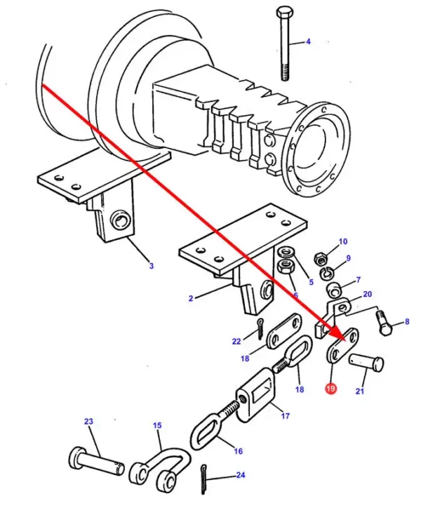 Oryginalne mocowanie łańcucha stabilizatora o numerze katalogowym 1661412M1, stosowane w maszynach rolniczych marki Massey Ferguson schemat.