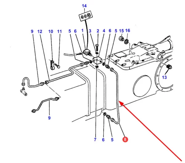 Oryginalny przewód hydrauliczny o numerze katalogowym 1693045M92, stosowany w ciągnikach rolniczych marki Massey Ferguson schemat.