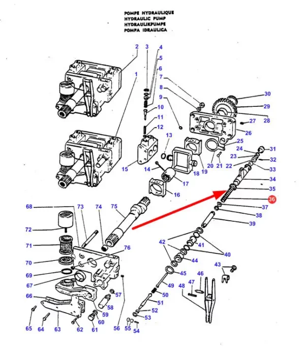 Oryginalna sprężyna pompy hydraulicznej, stosowana w ciągnikach rolniczych marki Massey Ferguson schemat.