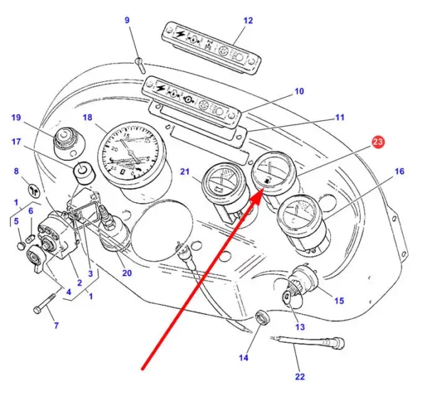 Oryginalny wskaźnik poziomu paliwa o numerze katalogowym 1877717M93, stosowany w ciągnikach rolniczych marki Massey Ferguson schemat.