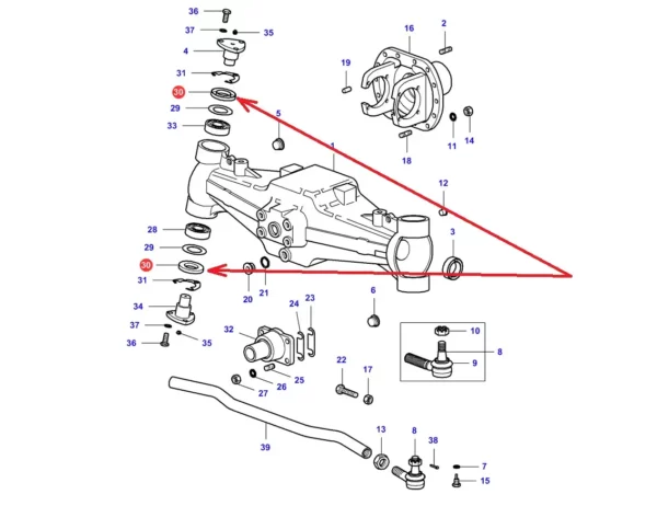 Oryginalna uszczelka zwrotnicy o wymiarach 41-73 x 9 mm i numerze katalogowym 2.1519.045.0, stosowana w ciągnikach rolniczych marki Massey Ferguson. schemat