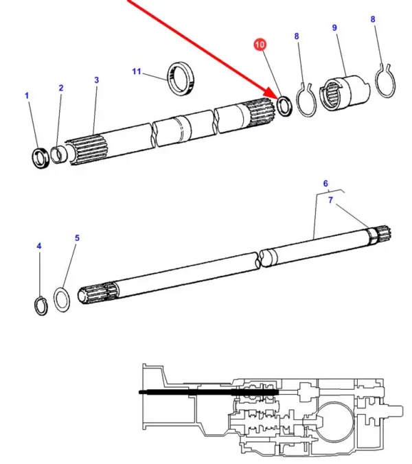 Oryginalny pierścień oring przedniego WOM o numerze katalogowym 2.1530.079.0, stosowany w ciągnikach rolniczych marki Massey Ferguson schemat.