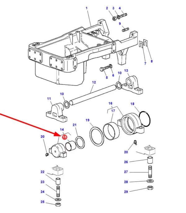 Oryginalna tuleja zawieszenia przedniej osi o wymiarach 50 x 55 x 50 mm i numerze katalogowym 2.1559.080.0, stosowana w ciągnikach rolniczych Masssey Ferguson. schemat
