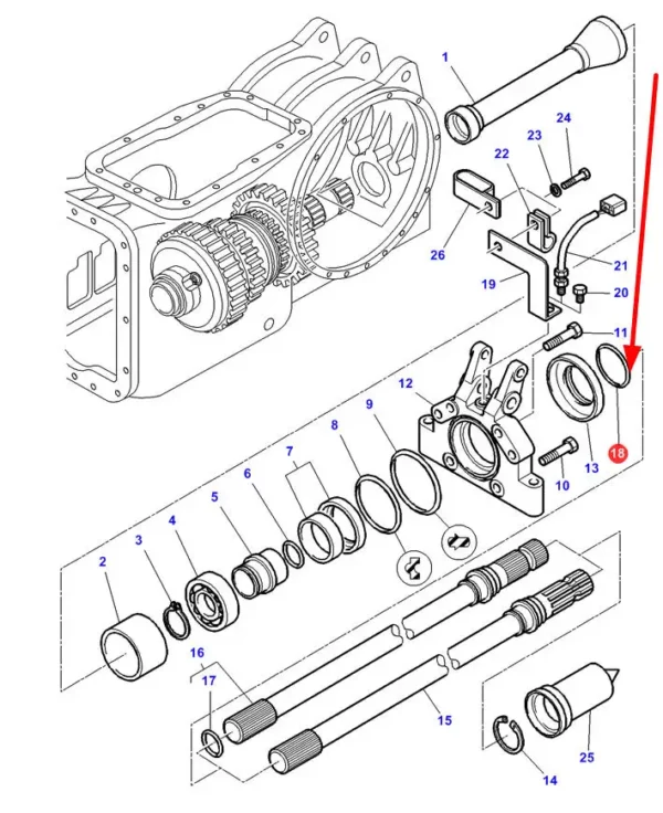 Oryginalny pierścień oring wałka reduktora o wymiarach 55 x 3, stosowany w ciągnikach rolniczych marki Massey Ferguson, Challenger schemat.