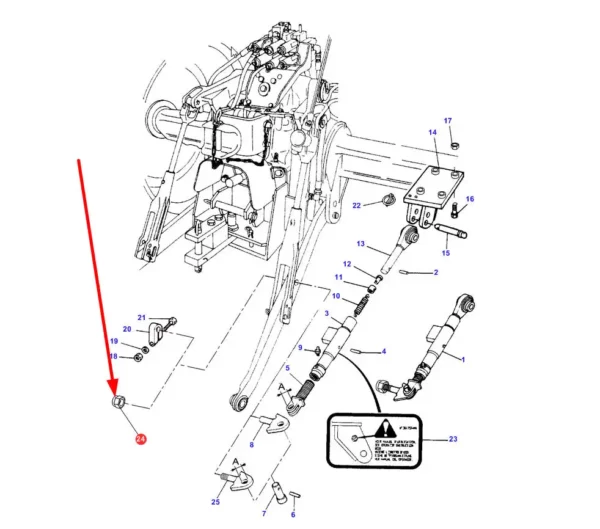 Oryginalna nakretka stabilizatora cięgna dolnego o numerze katalogowym 3001189X1, stosowana w ciągnikach rolniczych marek Massey Ferguson i Challenger. schemat