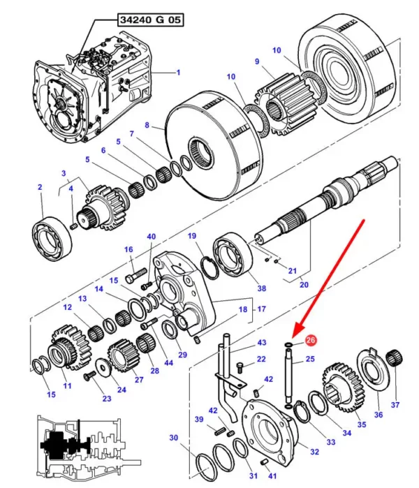 Oryginalny oring o wymiarach 7 x 1,6, stosowany w sprzęgle ciągników marki Massey Ferguson schemat.