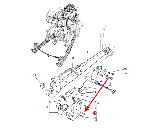 Oryginalny sworzeń tylnego podnośnika, stosowany w ciągnikach rolniczych marki Massey Ferguson. schemat