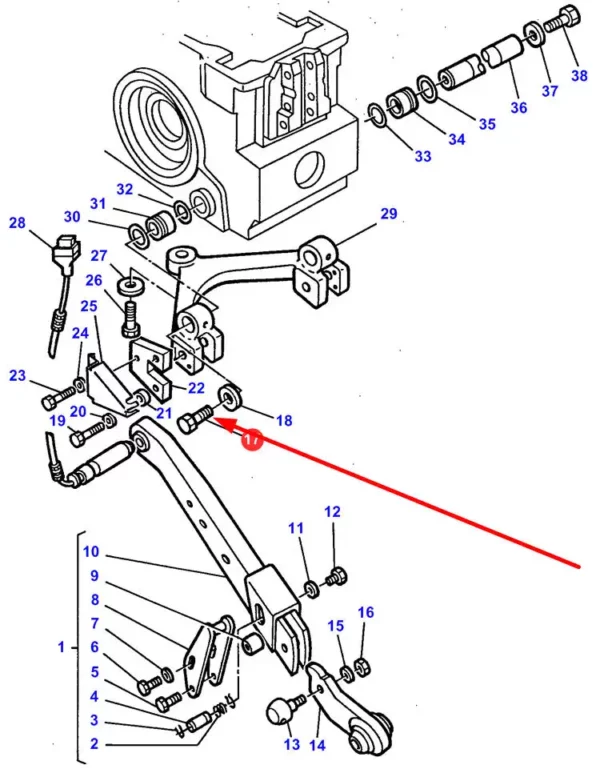 Oryginalna śruba mocowania wieszaka dolnego o numerze katalogowym 3009745X1, stosowana w ciągnikach rolniczych marki Massey Ferguson schemat.