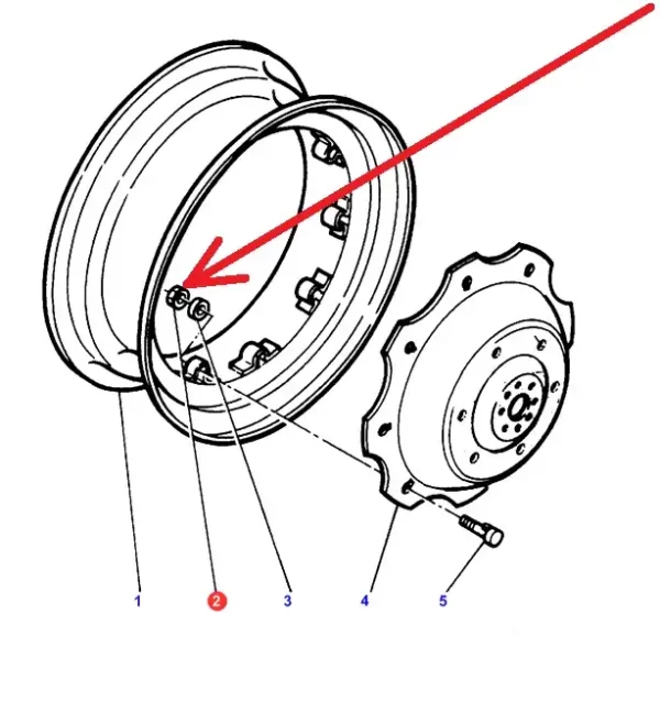 Oryginalna nakrętka mocowania obręczy felg o wymiarach M16 x 1,5 i numerze katalogowym 3009748X1, stosowana w ciągnikach rolniczych marek Massey Ferguson, Challenger schemat.